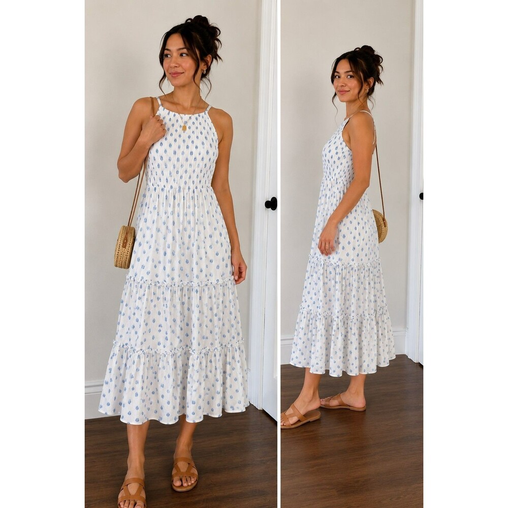Sim & Sam Small Smocked  Midi Sundress Ivory/Blue Dotted Coastal Chic Style